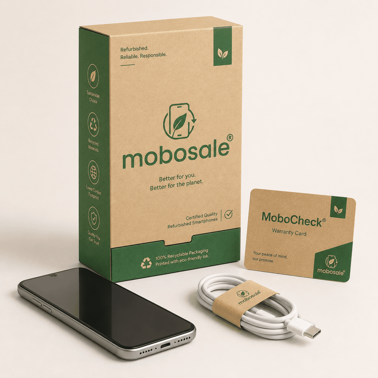 MoboSale box with a refurbished phone, charging cable, and MoboCheck warranty card
